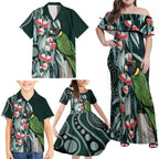 Australian Ringneck Parrot Family Matching Off Shoulder Maxi Dress and Hawaiian Shirt Barnardius Zonarius Eucalyptus Flowers Aboriginal Art