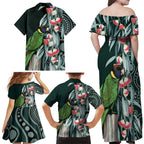 Australian Ringneck Parrot Family Matching Off Shoulder Maxi Dress and Hawaiian Shirt Barnardius Zonarius Eucalyptus Flowers Aboriginal Art