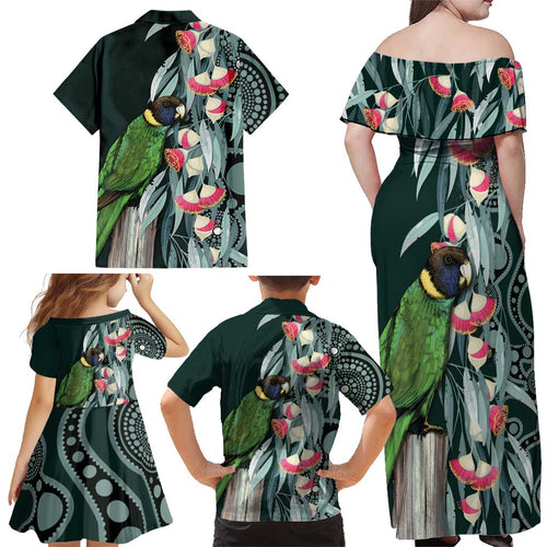 Australian Ringneck Parrot Family Matching Off Shoulder Maxi Dress and Hawaiian Shirt Barnardius Zonarius Eucalyptus Flowers Aboriginal Art