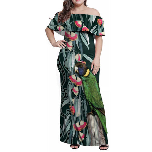 Australian Ringneck Parrot Family Matching Off Shoulder Maxi Dress and Hawaiian Shirt Barnardius Zonarius Eucalyptus Flowers Aboriginal Art