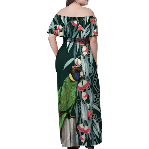 Australian Ringneck Parrot Family Matching Off Shoulder Maxi Dress and Hawaiian Shirt Barnardius Zonarius Eucalyptus Flowers Aboriginal Art