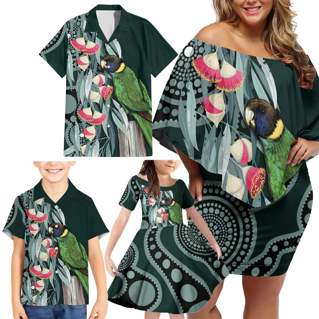 Australian Ringneck Parrot Family Matching Off Shoulder Short Dress and Hawaiian Shirt Barnardius Zonarius Eucalyptus Flowers Aboriginal Art