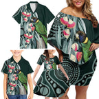 Australian Ringneck Parrot Family Matching Off Shoulder Short Dress and Hawaiian Shirt Barnardius Zonarius Eucalyptus Flowers Aboriginal Art