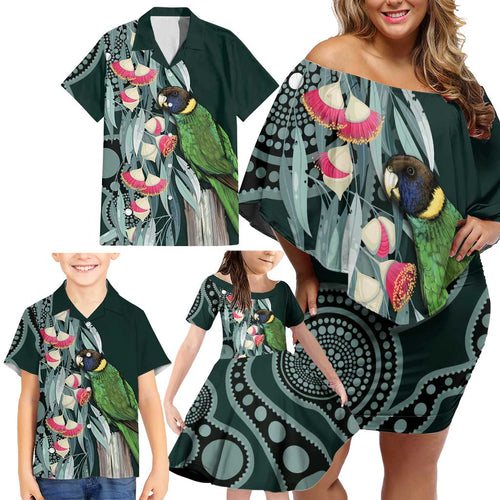 Australian Ringneck Parrot Family Matching Off Shoulder Short Dress and Hawaiian Shirt Barnardius Zonarius Eucalyptus Flowers Aboriginal Art