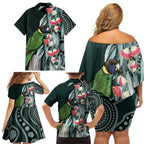 Australian Ringneck Parrot Family Matching Off Shoulder Short Dress and Hawaiian Shirt Barnardius Zonarius Eucalyptus Flowers Aboriginal Art