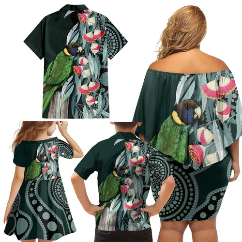 Australian Ringneck Parrot Family Matching Off Shoulder Short Dress and Hawaiian Shirt Barnardius Zonarius Eucalyptus Flowers Aboriginal Art