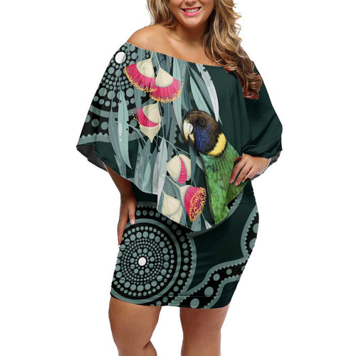 Australian Ringneck Parrot Family Matching Off Shoulder Short Dress and Hawaiian Shirt Barnardius Zonarius Eucalyptus Flowers Aboriginal Art