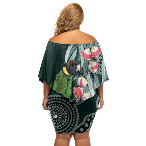 Australian Ringneck Parrot Family Matching Off Shoulder Short Dress and Hawaiian Shirt Barnardius Zonarius Eucalyptus Flowers Aboriginal Art