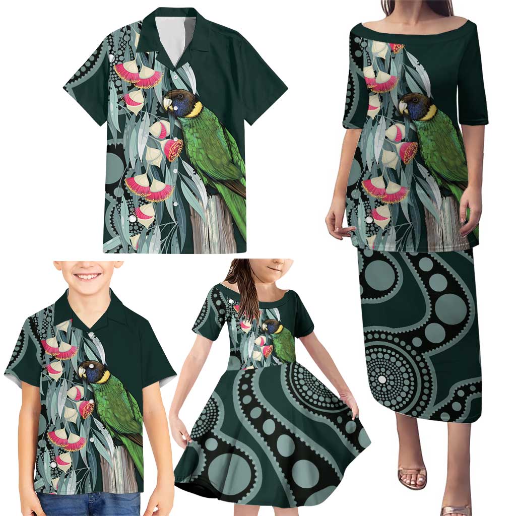 Australian Ringneck Parrot Family Matching Puletasi and Hawaiian Shirt Barnardius Zonarius Eucalyptus Flowers Aboriginal Art