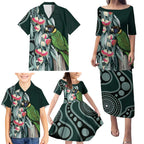 Australian Ringneck Parrot Family Matching Puletasi and Hawaiian Shirt Barnardius Zonarius Eucalyptus Flowers Aboriginal Art