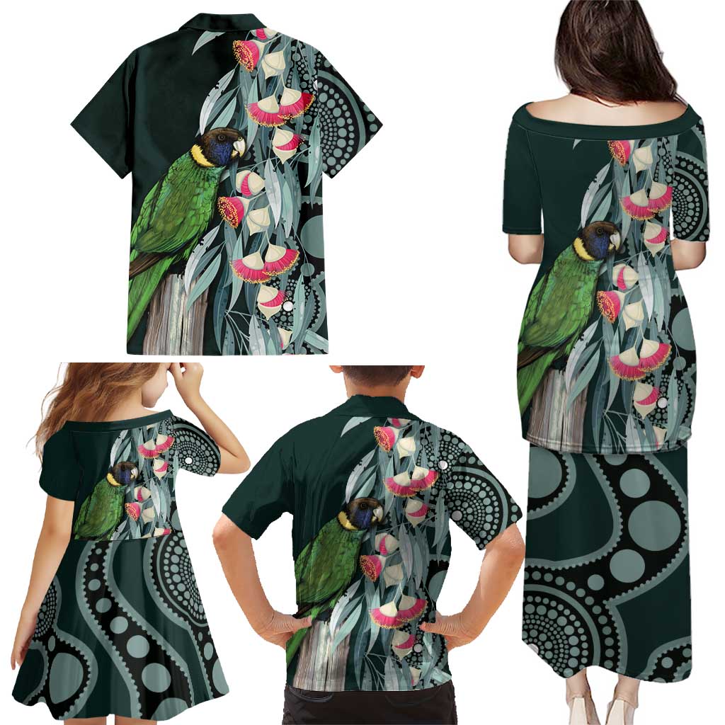Australian Ringneck Parrot Family Matching Puletasi and Hawaiian Shirt Barnardius Zonarius Eucalyptus Flowers Aboriginal Art