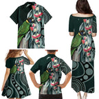 Australian Ringneck Parrot Family Matching Puletasi and Hawaiian Shirt Barnardius Zonarius Eucalyptus Flowers Aboriginal Art