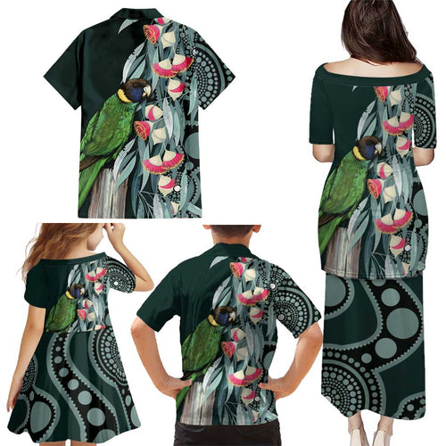 Australian Ringneck Parrot Family Matching Puletasi and Hawaiian Shirt Barnardius Zonarius Eucalyptus Flowers Aboriginal Art