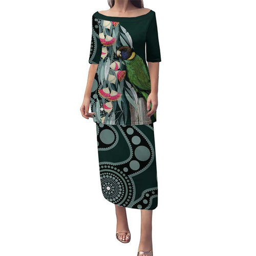 Australian Ringneck Parrot Family Matching Puletasi and Hawaiian Shirt Barnardius Zonarius Eucalyptus Flowers Aboriginal Art