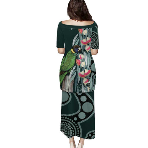 Australian Ringneck Parrot Family Matching Puletasi and Hawaiian Shirt Barnardius Zonarius Eucalyptus Flowers Aboriginal Art
