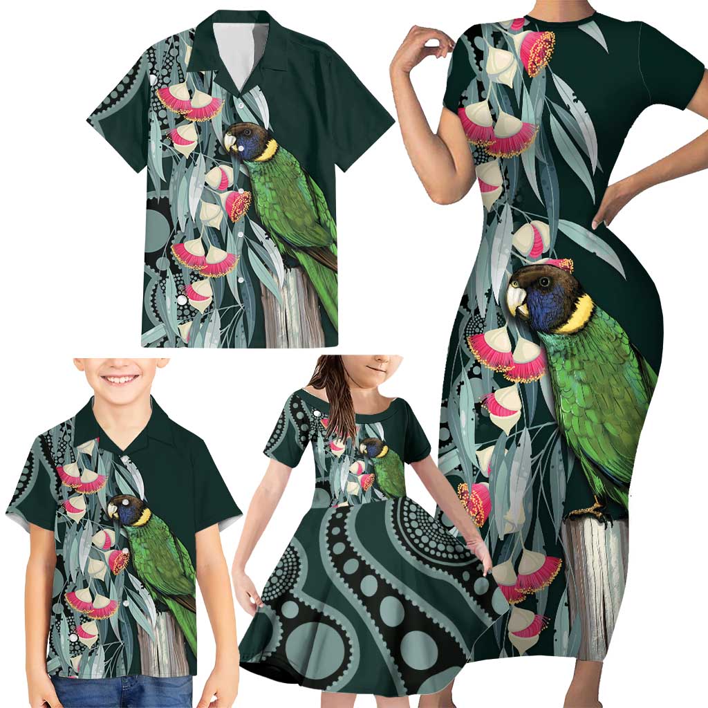 Australian Ringneck Parrot Family Matching Short Sleeve Bodycon Dress and Hawaiian Shirt Barnardius Zonarius Eucalyptus Flowers Aboriginal Art