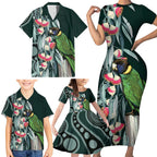 Australian Ringneck Parrot Family Matching Short Sleeve Bodycon Dress and Hawaiian Shirt Barnardius Zonarius Eucalyptus Flowers Aboriginal Art
