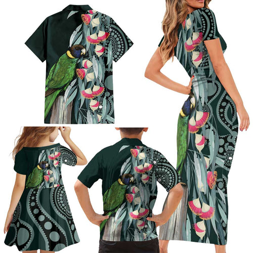 Australian Ringneck Parrot Family Matching Short Sleeve Bodycon Dress and Hawaiian Shirt Barnardius Zonarius Eucalyptus Flowers Aboriginal Art