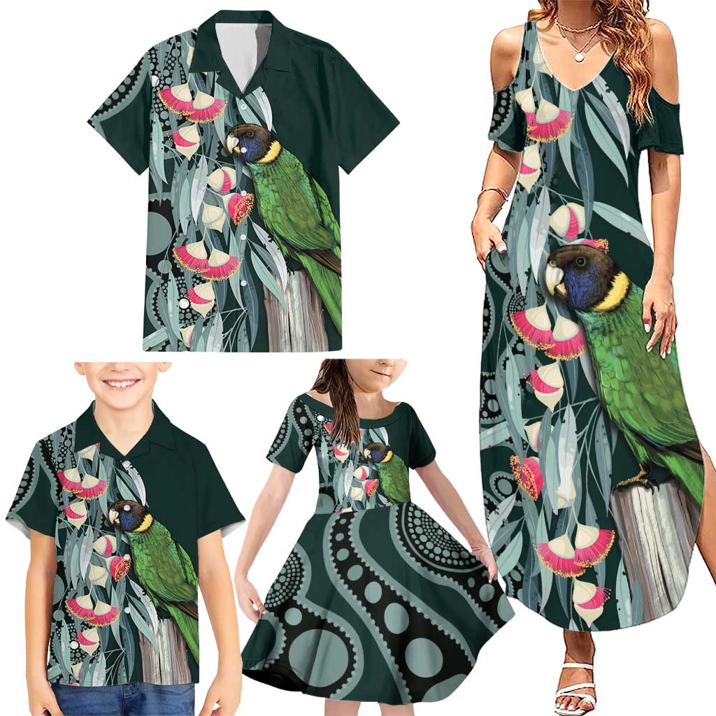 Australian Ringneck Parrot Family Matching Summer Maxi Dress and Hawaiian Shirt Barnardius Zonarius Eucalyptus Flowers Aboriginal Art