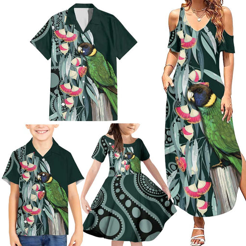 Australian Ringneck Parrot Family Matching Summer Maxi Dress and Hawaiian Shirt Barnardius Zonarius Eucalyptus Flowers Aboriginal Art