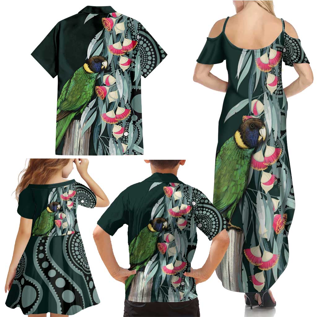 Australian Ringneck Parrot Family Matching Summer Maxi Dress and Hawaiian Shirt Barnardius Zonarius Eucalyptus Flowers Aboriginal Art