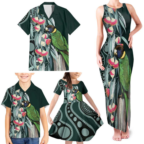 Australian Ringneck Parrot Family Matching Tank Maxi Dress and Hawaiian Shirt Barnardius Zonarius Eucalyptus Flowers Aboriginal Art