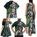 Australian Ringneck Parrot Family Matching Tank Maxi Dress and Hawaiian Shirt Barnardius Zonarius Eucalyptus Flowers Aboriginal Art