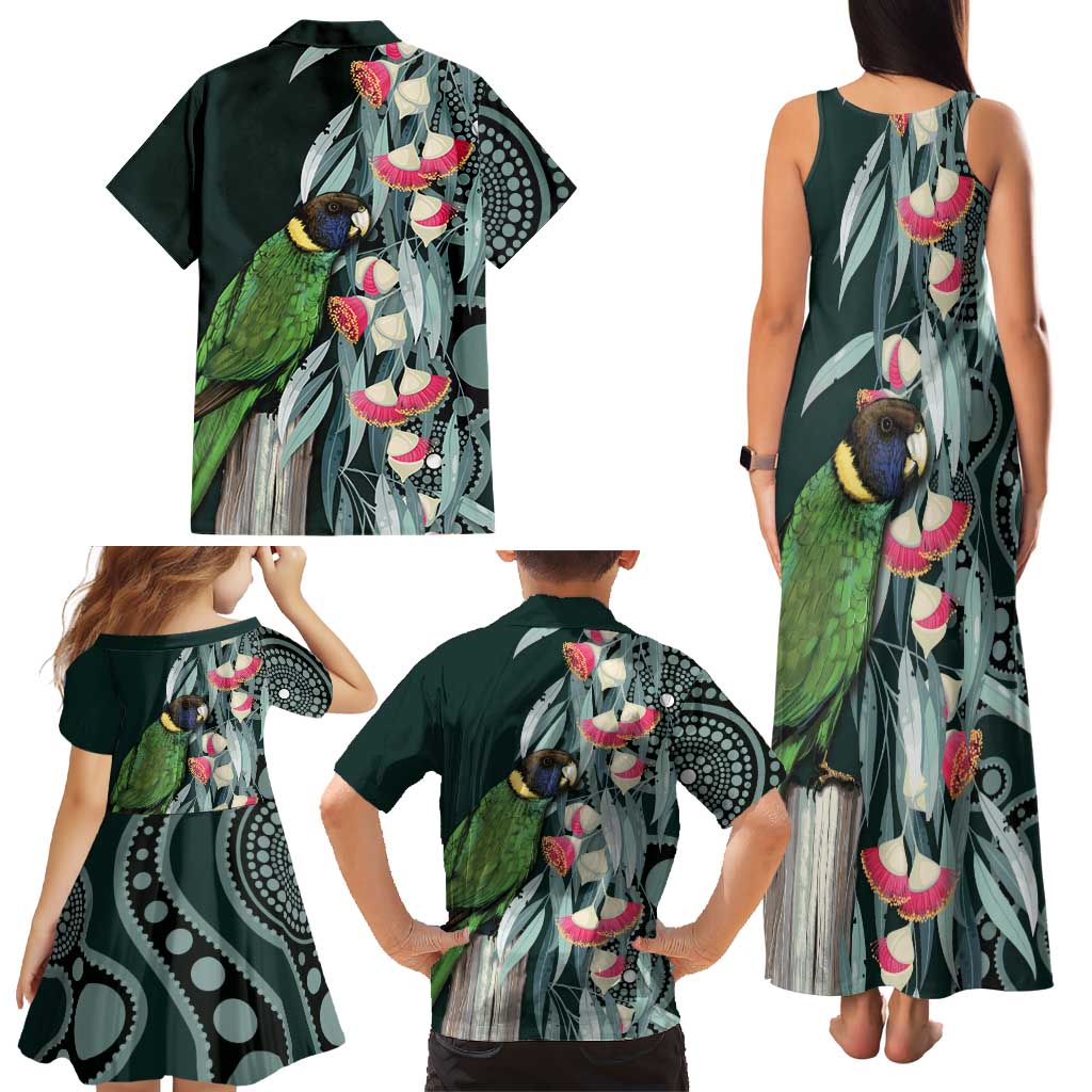 Australian Ringneck Parrot Family Matching Tank Maxi Dress and Hawaiian Shirt Barnardius Zonarius Eucalyptus Flowers Aboriginal Art