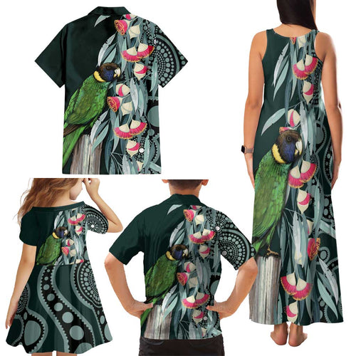 Australian Ringneck Parrot Family Matching Tank Maxi Dress and Hawaiian Shirt Barnardius Zonarius Eucalyptus Flowers Aboriginal Art