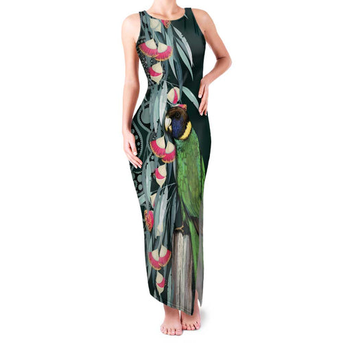 Australian Ringneck Parrot Family Matching Tank Maxi Dress and Hawaiian Shirt Barnardius Zonarius Eucalyptus Flowers Aboriginal Art