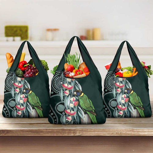 Australian Ringneck Parrot Grocery Bag Barnardius Zonarius Eucalyptus Flowers Aboriginal Art