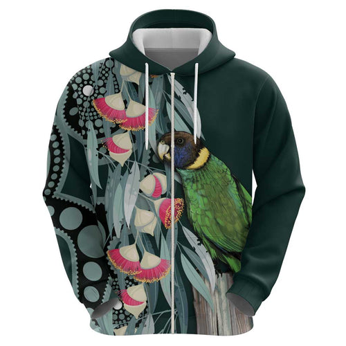 Australian Ringneck Parrot Hoodie Barnardius Zonarius Eucalyptus Flowers Aboriginal Art