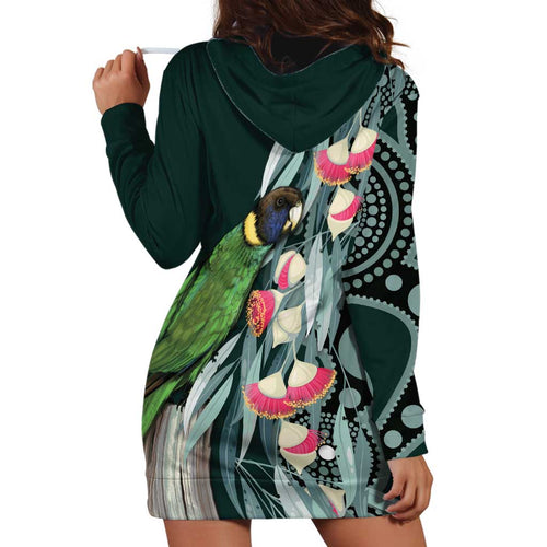 Australian Ringneck Parrot Hoodie Dress Barnardius Zonarius Eucalyptus Flowers Aboriginal Art