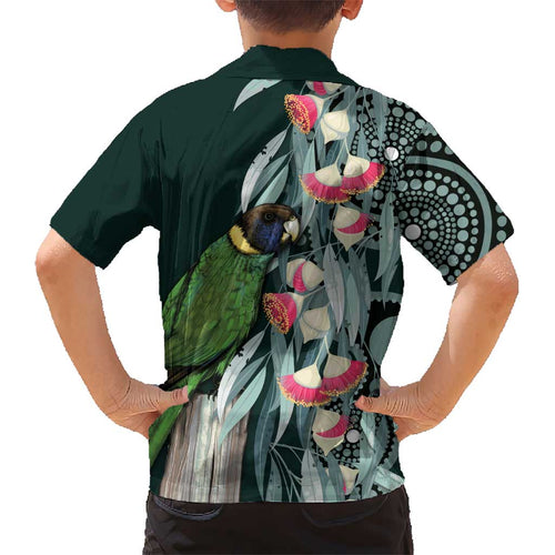 Australian Ringneck Parrot Kid Hawaiian Shirt Barnardius Zonarius Eucalyptus Flowers Aboriginal Art