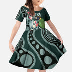 Australian Ringneck Parrot Kid Short Sleeve Dress Barnardius Zonarius Eucalyptus Flowers Aboriginal Art