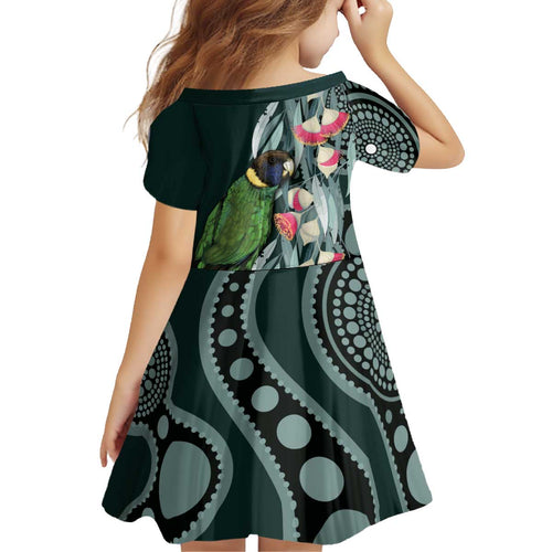 Australian Ringneck Parrot Kid Short Sleeve Dress Barnardius Zonarius Eucalyptus Flowers Aboriginal Art