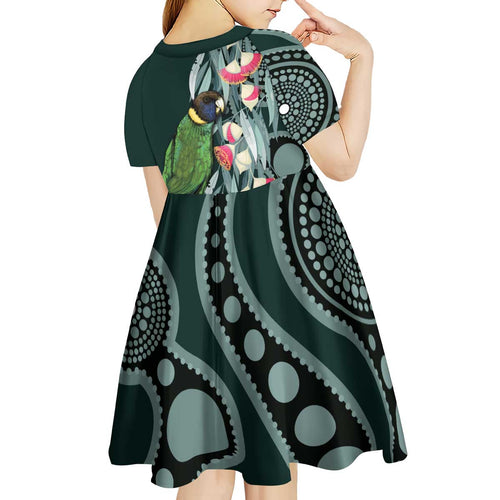 Australian Ringneck Parrot Kid Short Sleeve Dress Barnardius Zonarius Eucalyptus Flowers Aboriginal Art