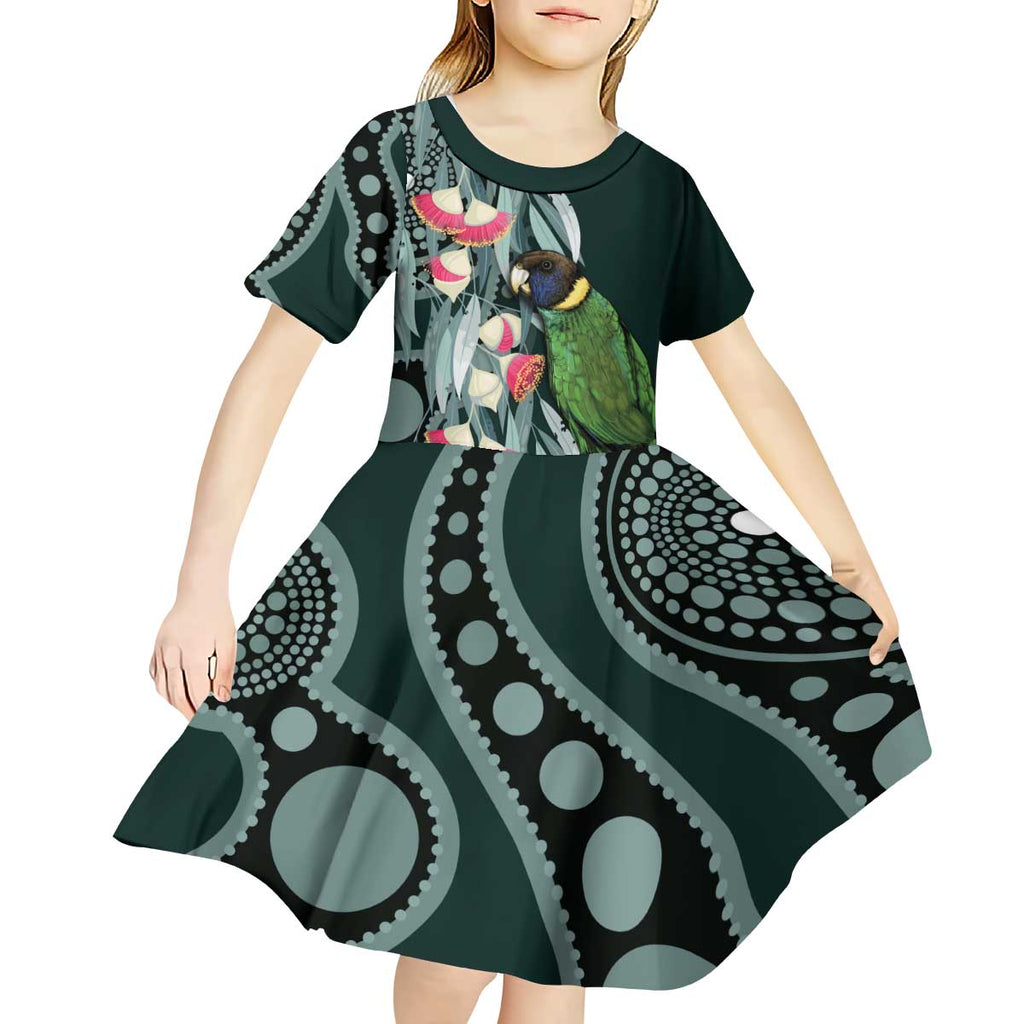 Australian Ringneck Parrot Kid Short Sleeve Dress Barnardius Zonarius Eucalyptus Flowers Aboriginal Art