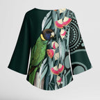 Australian Ringneck Parrot Kimono Sleeve Blouse Barnardius Zonarius Eucalyptus Flowers Aboriginal Art
