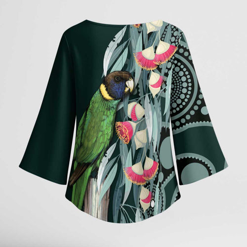 Australian Ringneck Parrot Kimono Sleeve Blouse Barnardius Zonarius Eucalyptus Flowers Aboriginal Art