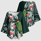 Australian Ringneck Parrot Kimono Sleeve Blouse Barnardius Zonarius Eucalyptus Flowers Aboriginal Art