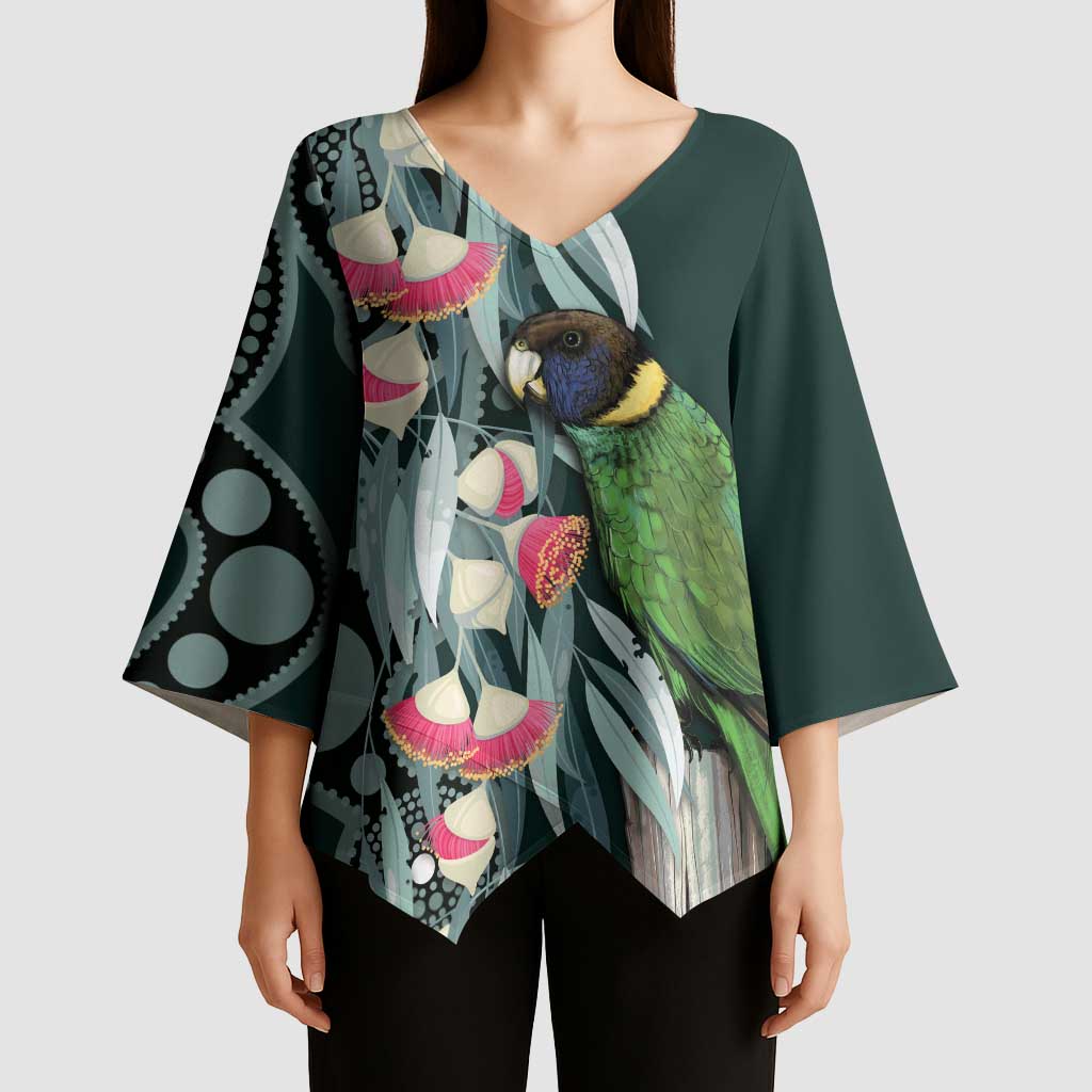 Australian Ringneck Parrot Kimono Sleeve Blouse Barnardius Zonarius Eucalyptus Flowers Aboriginal Art