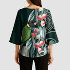 Australian Ringneck Parrot Kimono Sleeve Blouse Barnardius Zonarius Eucalyptus Flowers Aboriginal Art