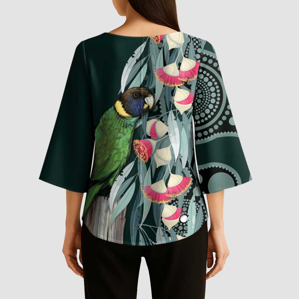 Australian Ringneck Parrot Kimono Sleeve Blouse Barnardius Zonarius Eucalyptus Flowers Aboriginal Art