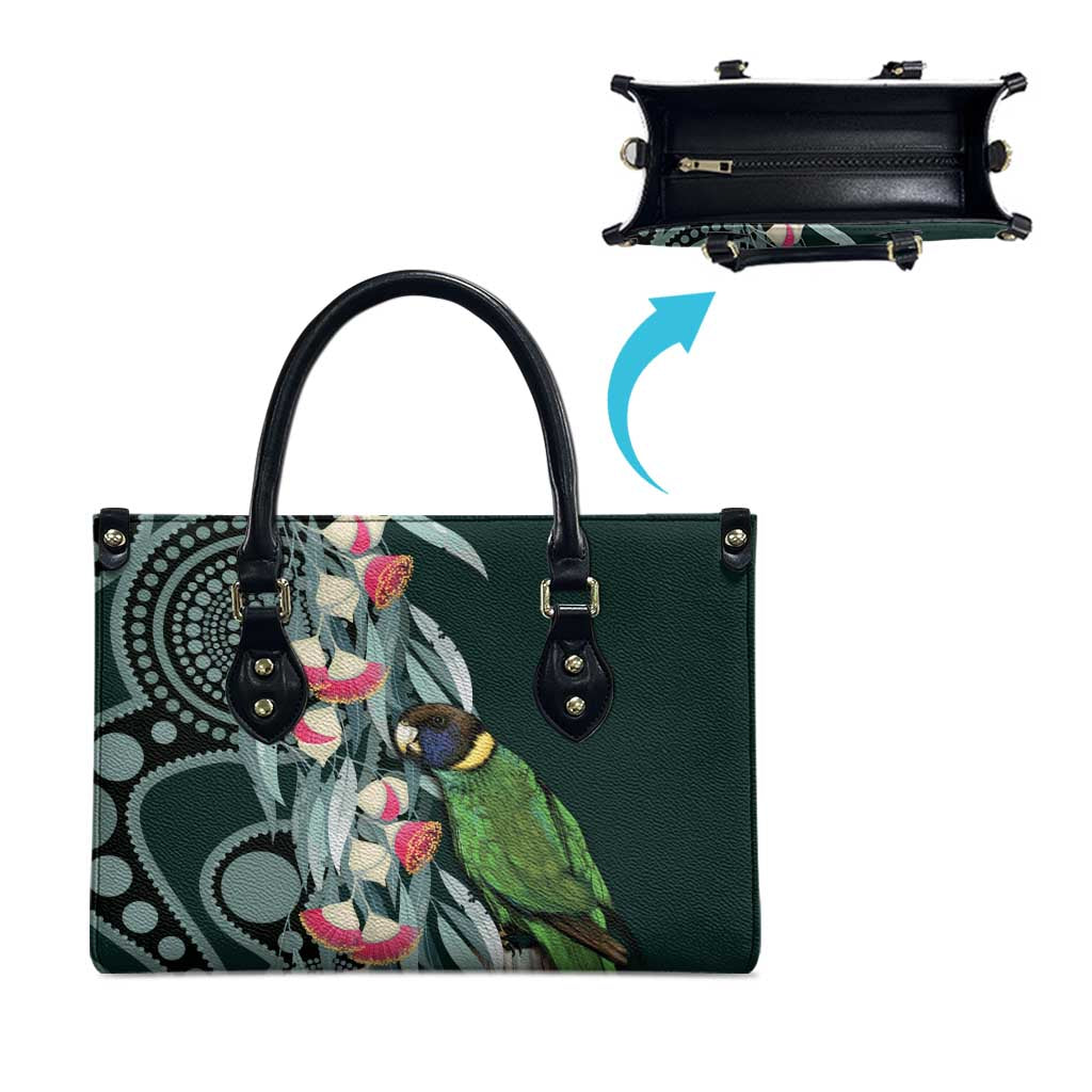 Australian Ringneck Parrot Leather Bag Barnardius Zonarius Eucalyptus Flowers Aboriginal Art