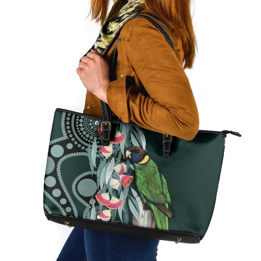 Australian Ringneck Parrot Leather Tote Bag Barnardius Zonarius Eucalyptus Flowers Aboriginal Art