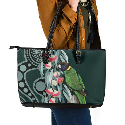 Australian Ringneck Parrot Leather Tote Bag Barnardius Zonarius Eucalyptus Flowers Aboriginal Art
