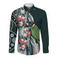Australian Ringneck Parrot Long Sleeve Button Shirt Barnardius Zonarius Eucalyptus Flowers Aboriginal Art