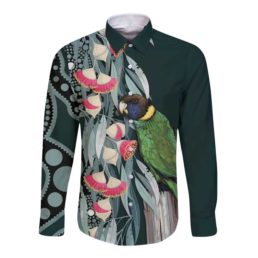 Australian Ringneck Parrot Long Sleeve Button Shirt Barnardius Zonarius Eucalyptus Flowers Aboriginal Art