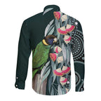 Australian Ringneck Parrot Long Sleeve Button Shirt Barnardius Zonarius Eucalyptus Flowers Aboriginal Art
